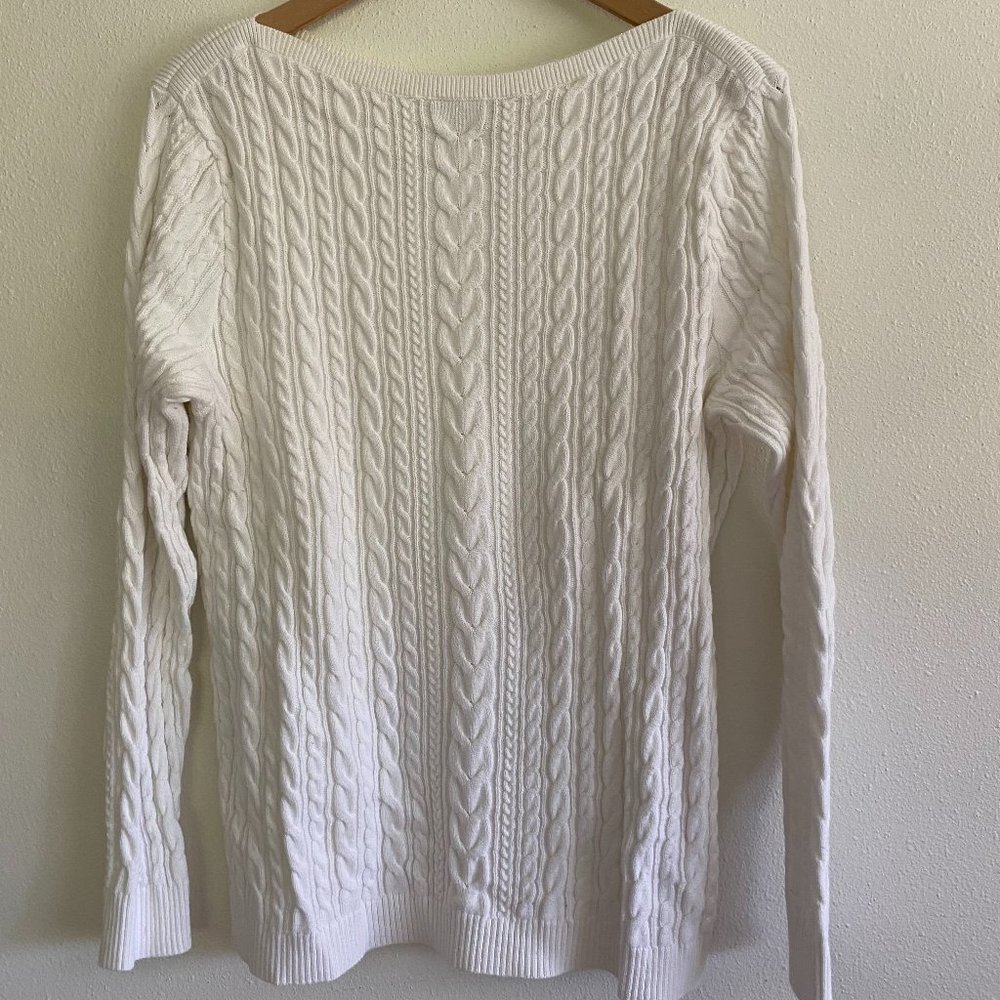 LANDS END Boatneck white cotton cable-knit sweater